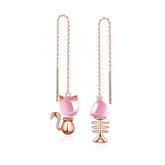 Pink Crystal Kitten and Fishbone Asymmetric Silver Ear Line Earrings